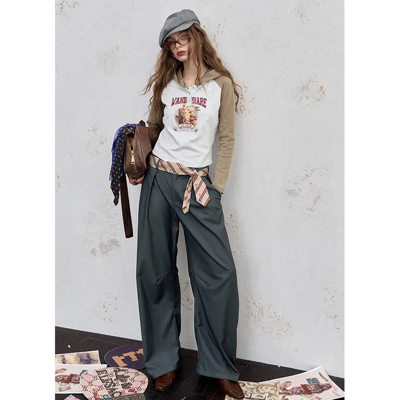 ELFSACK 2025 Autumn New Arrival American Casual Contrast Belt Basic Curve Knife Slim Fit Suit Pants For Woman