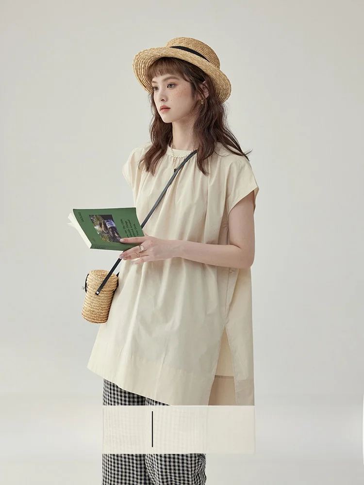 

AMUU North Island Retro Style Women's Loose Fit Sleeveless round Neck Shirt Summer Lazy Style Crumpled Top Vintage Wind