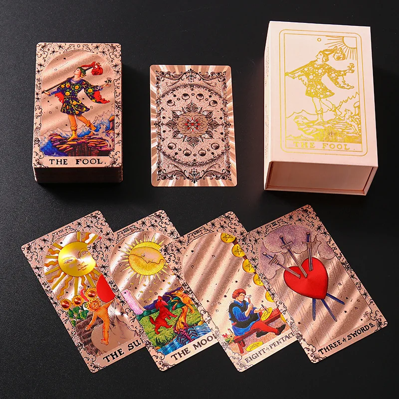 Rosafarbene Wahrsagekarten, Wasserfestes Goldfolien-Plastik-Orakel-Deck für Mystische Spiele & Tarot-Lesungen