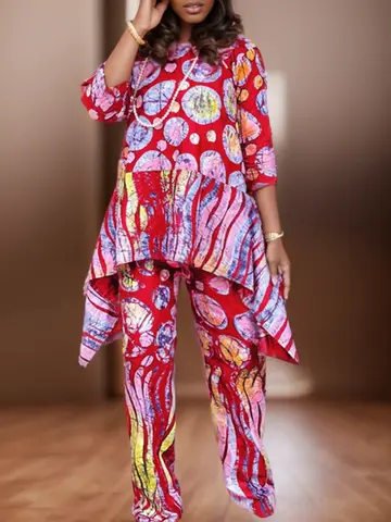 Plus Size 5XL VONDA 2025 Women Pants Sets Irregular Tops Printed Long Pants Elegant Suits Casual Matching Sets Fashion Outfits