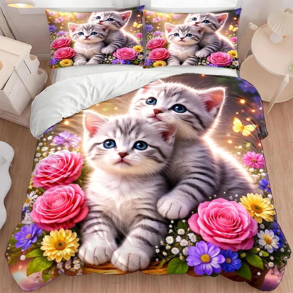 3Pcs Cute Cat and Floral Pattern Duvet Cover Set with 1Pc Duvet Cover and 2Pcs Pillowcases Bedding Accessories Quilt Cover