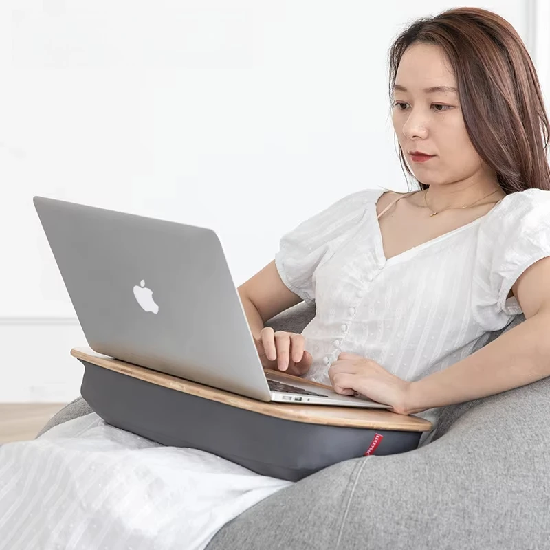 

Modern Portable Laptop Table with Bamboo Platform Bamboo Lap Desk with Pillow Cushion and Anti-Slip Stopper for Bed & Sofa
