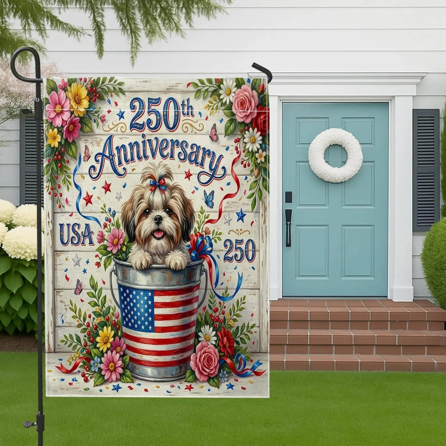250 Years Shih Tzu Dog Garden Flags 12x18 Inch for Outside, 4th of July Wood Pattern Standard Linen House Flags, American Fr AAS