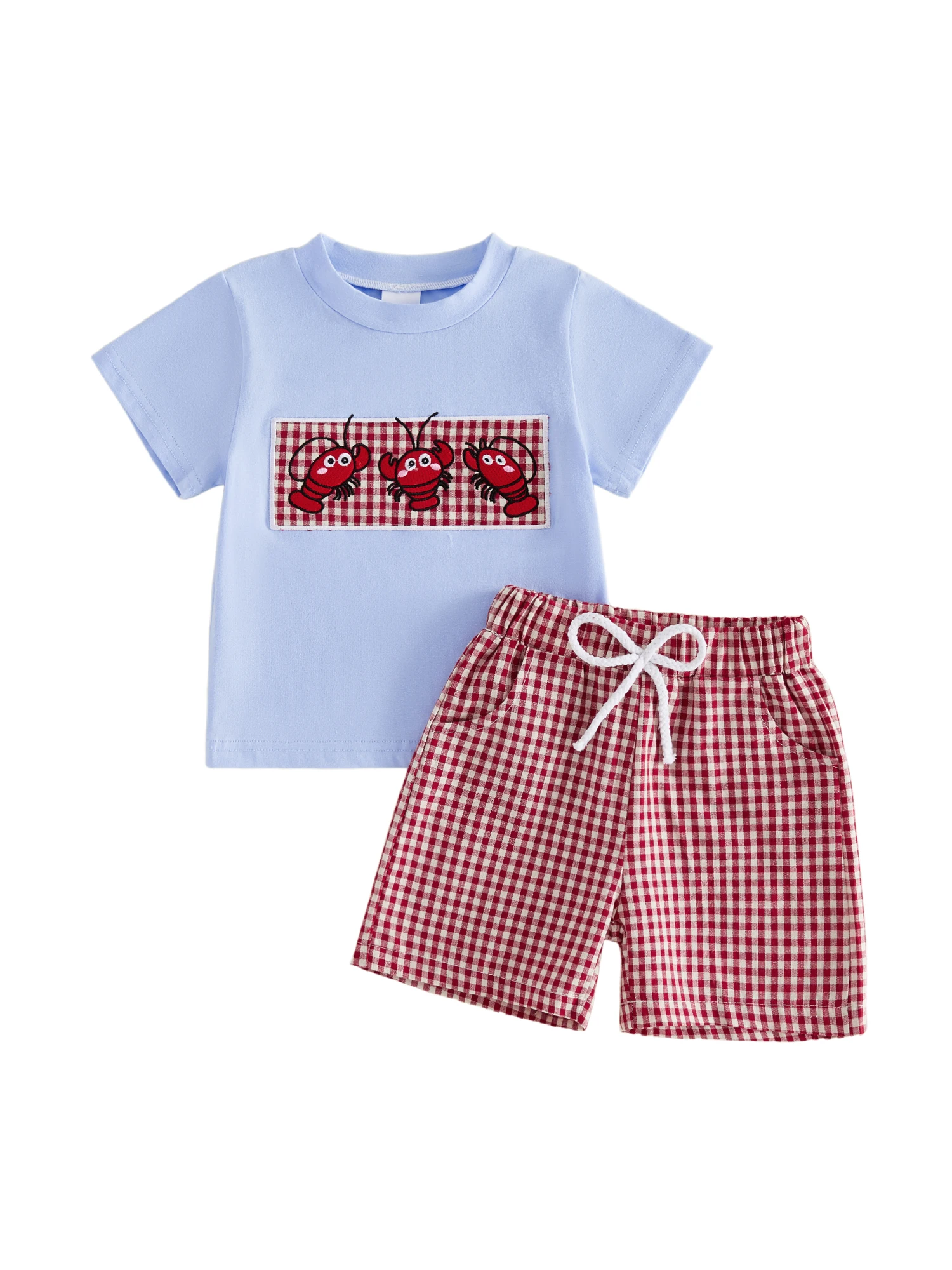 

Adorable Infant Boy Outfit with Cute Crab Embroidered Tee and Checkered Shorts - 2 Piece Summer Set for Little Boys