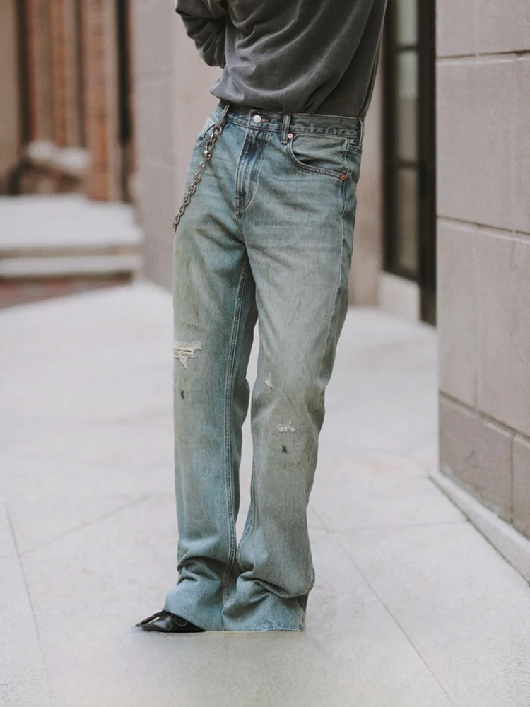 

Waed Denim Loose Micro Flared Pants Red Ear Jeans Casual Youthful Long Trousers Middle Waist Zipper Fly Four Seasons Wear