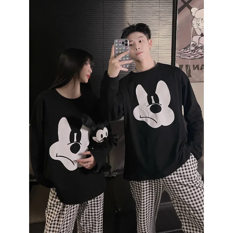 Disney Mickey Mouse couple pajamas autumn cotton long-sleeved trousers crew neck women\'s pajamas men\'s and women\'s loungewear