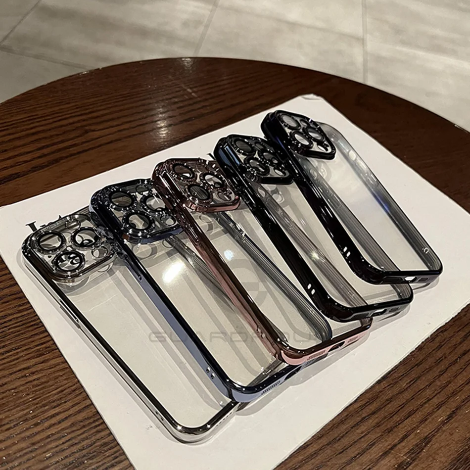 Luxury Plating Transparent Case For iPhone 11 12 13 14 15 Pro Max Mini X XS XR 7 8 Plus Full Camera Protection Clear Cover TPU