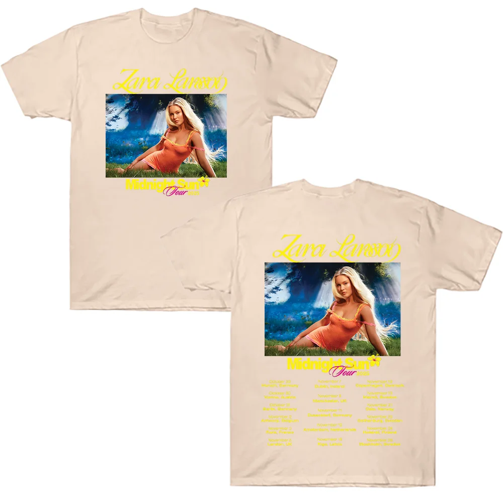 Zara Larsson منتصف الليل جولة الشمس 2025 تي شيرت الرجال النساء القطن تيز Ummer عادية كم قصير الجولة الرقبة الملابس بلوزات فضفاضة الاتجاه