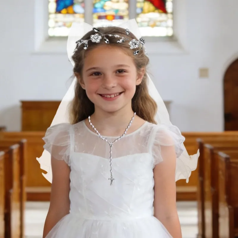 First Communion Veil for Girls Catholic 1st Holy Communion White Bow Headpiece Accessories Set Dress Up Party Supplies 5