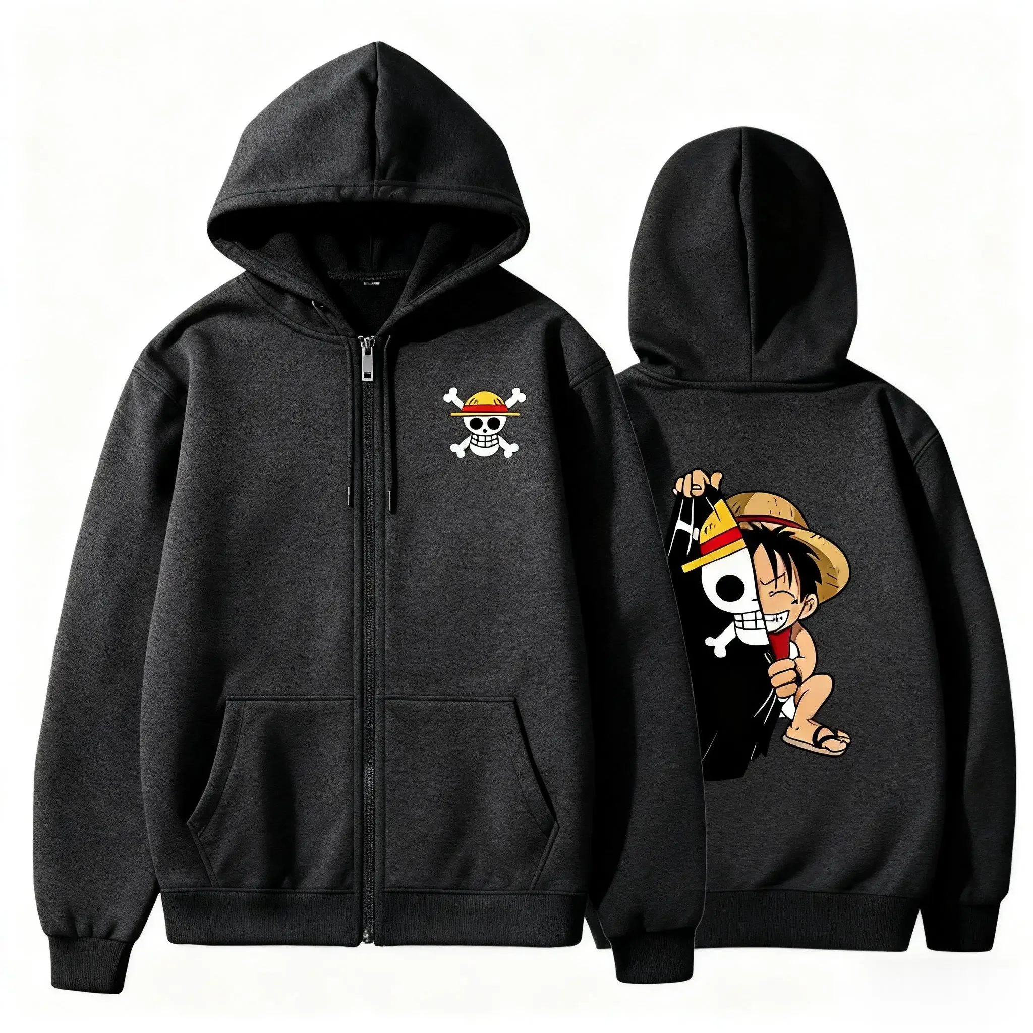 2026 New Oversized One Piece Luffy Zip-up Hooded Sweatshirt winter Casual Top Anime Print Long Sleeves Jacket Streetwear Unisex