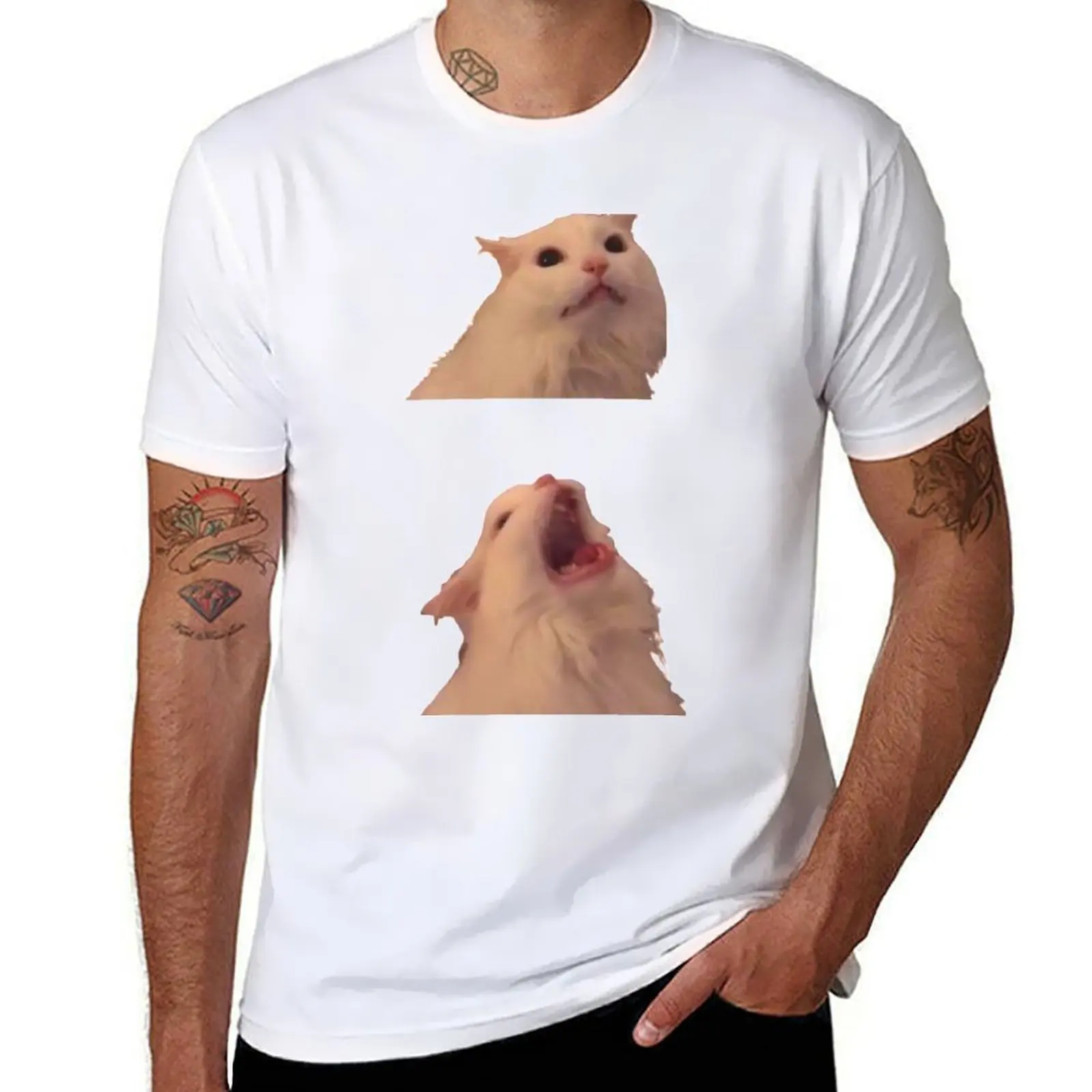 

White Cat Screaming Meme T-Shirt Work Daily Short Sleeve Top