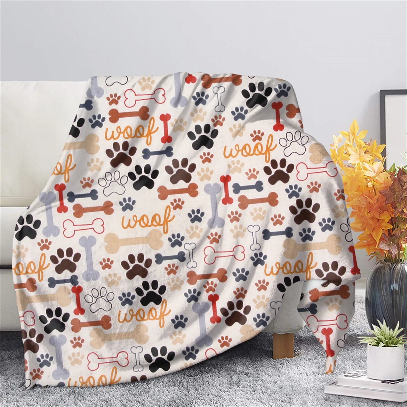 KACISSTY Animals Flannel Blankets Cartoon Paws Bone 3D Printed Throw Blanket Cozy Office Nap Quilts 5 Size Dropshipping