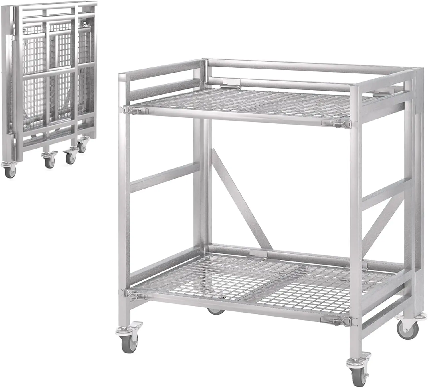 Collapsible Steel Rolling Utility Cart Two Tier Heavy Duty Flatbed Cart Heavy Weight Capacity Storage Trolley Moving Cart Hand Truck For Groceries Warehouse Gray