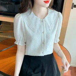 Lace Patchwork Chiffon Shirts Womens 2024 Summer Korean Fashion Clothes Casual Blouses Vintage Puff Sleeve Tops Blusas Mujer