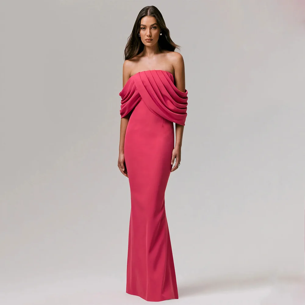 Robes De Soirée simples roses personnalisées, en Jersey, longueur au sol, épaules dénudées, robe De bal plissée droite