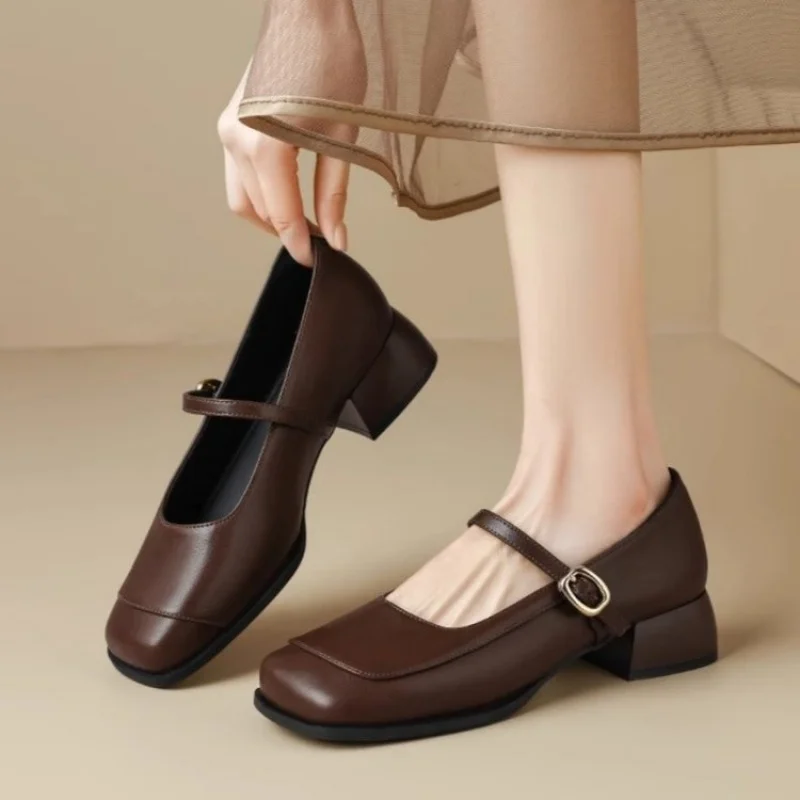 

2026 New Women's French Style Shoes - Square Toe Chunky Heel Shoes with Metal Buckle Ankle Strap, Leather Shoes for Spring/Fall