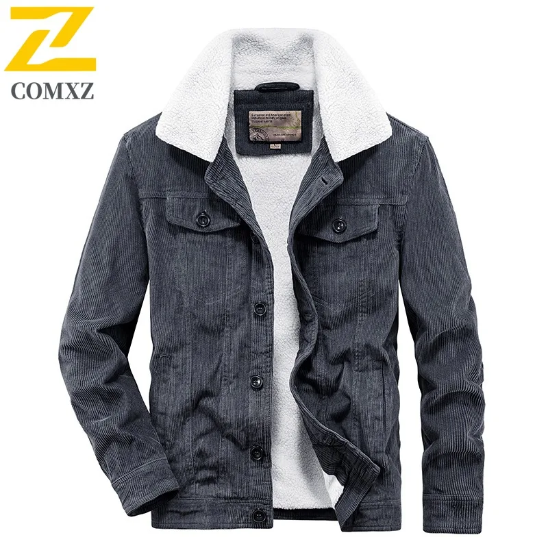 

COMXZ 2025 Winter Men's Corduroy Thickened Sherpa Jacket Multi-Pocket Fleece Collar Warm Workwear Cotton Coat sport Outerwear​