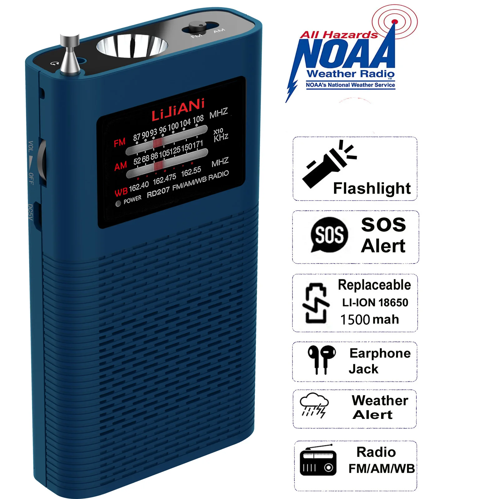 NOAA Thời Tiết Radio Di Động AM FM Bóng Bán Dẫn Pin Hoạt Động Có Thể Thay Thế 1500MAH (Bao Gồm) Mạnh Mẽ Flashlinght