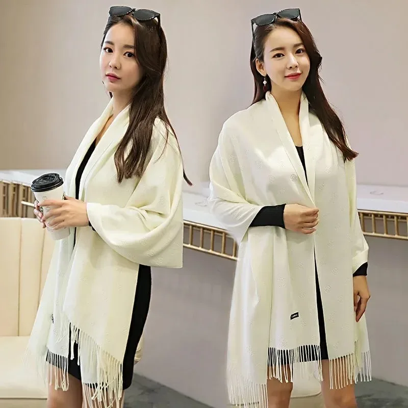 200*70cm Women Solid White Color Winter Scarf Fashion Versatile Large Shawl Cashmere Scarves Warm Thick Soft Long Tassel Scarf