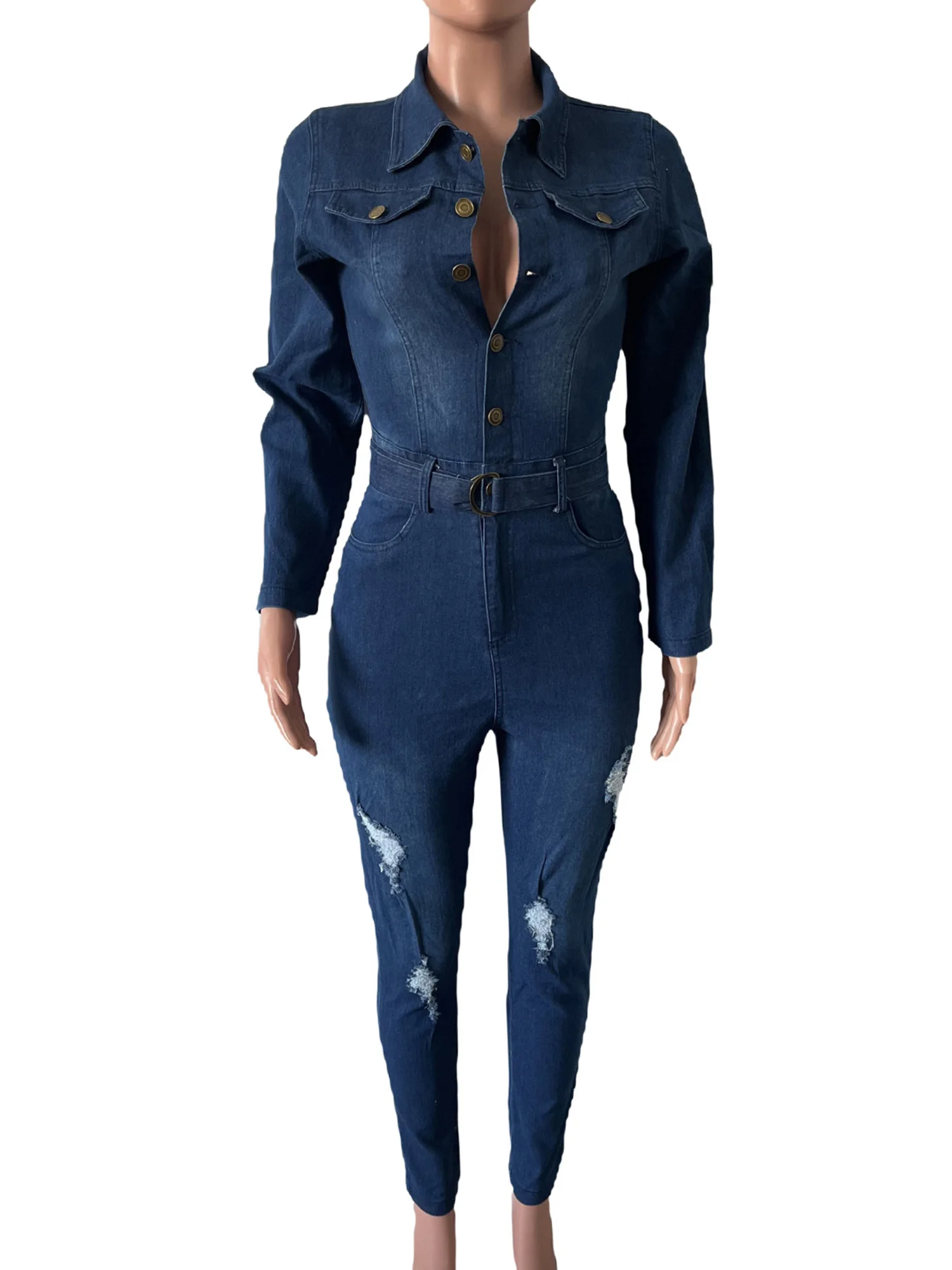 Combinaison en jean Slim pour femmes, élégante, avec ceinture de taille, revers, manches longues, boutons sur le devant, déchiré, Leggings, barboteuse, Streetwear