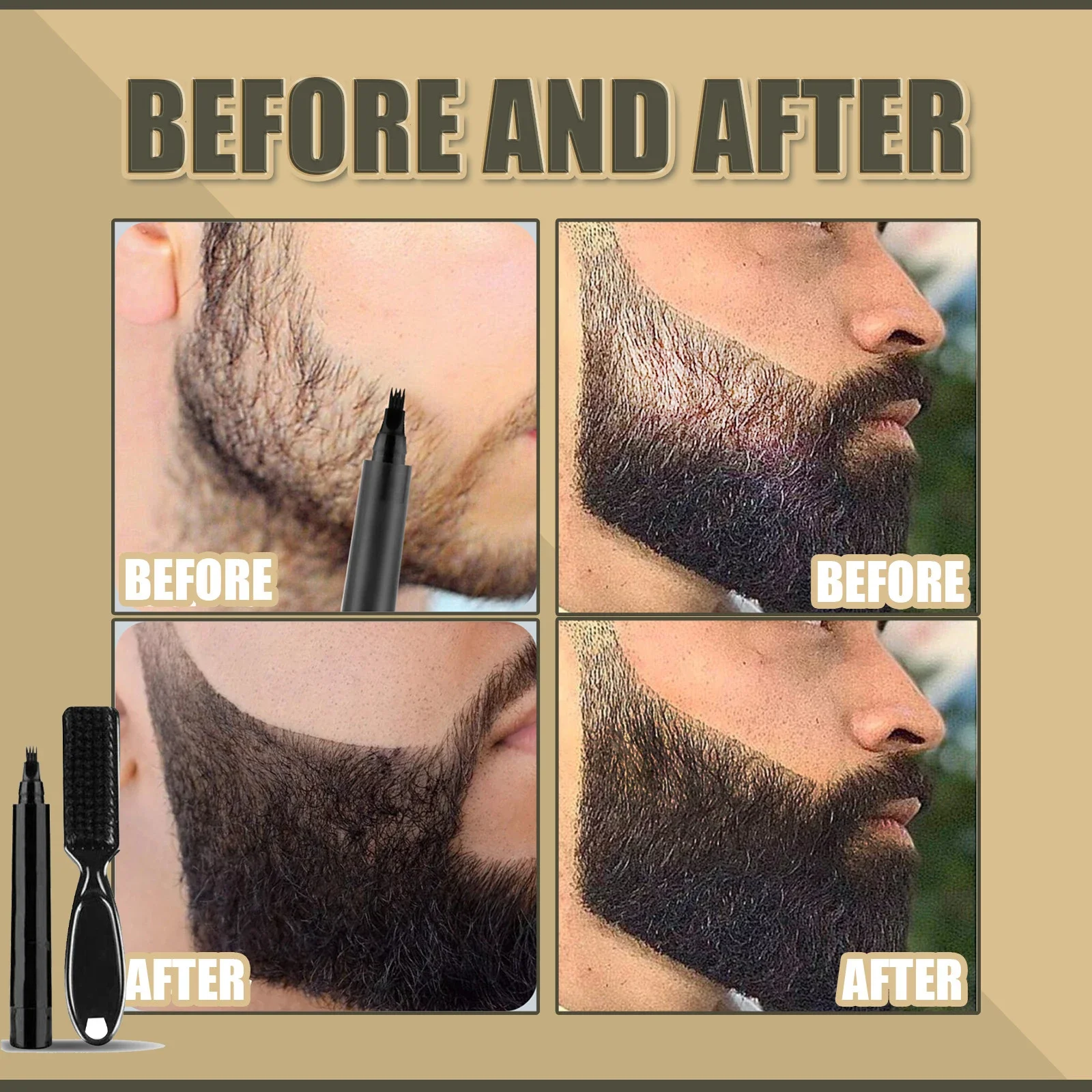 Pluma de barba impermeable, lápiz de relleno y cepillo, potenciador de barba, reparación duradera, herramientas de modelado para colorear bigote,