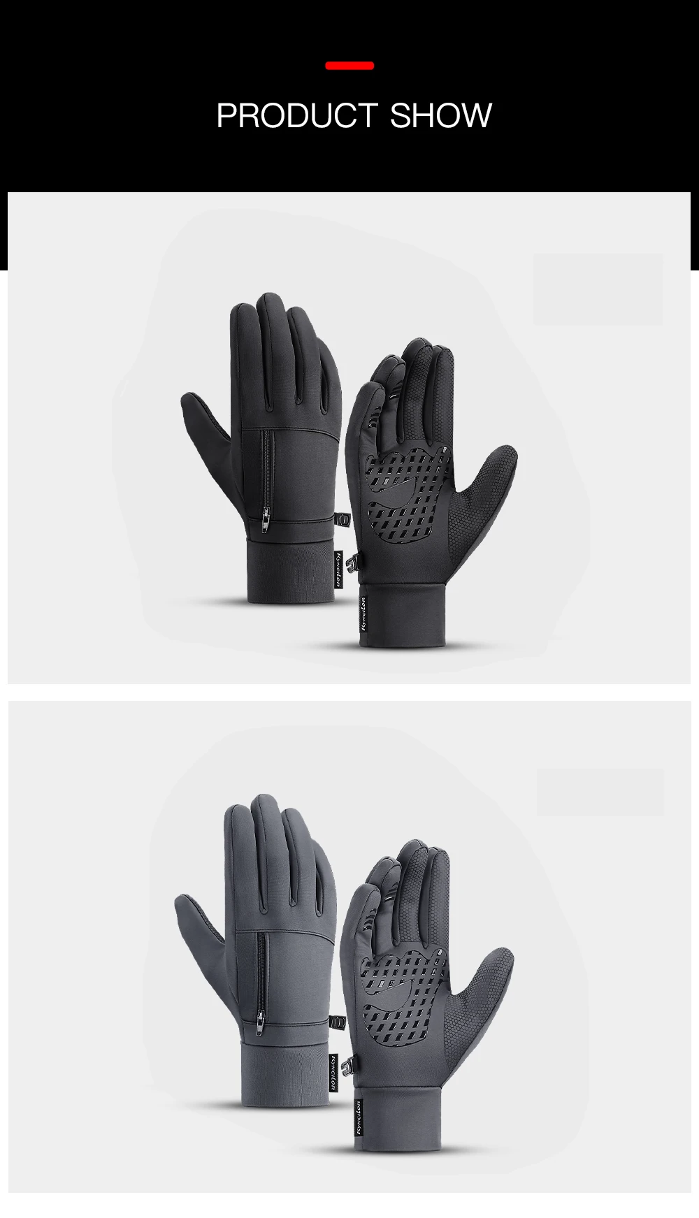 1 Pairs Winter Gloves Mens Touchscreen Non-Slip Unisex Waterproof Windproof Warm Cycling Cold Gloves Fashion Zipper Sports Glove