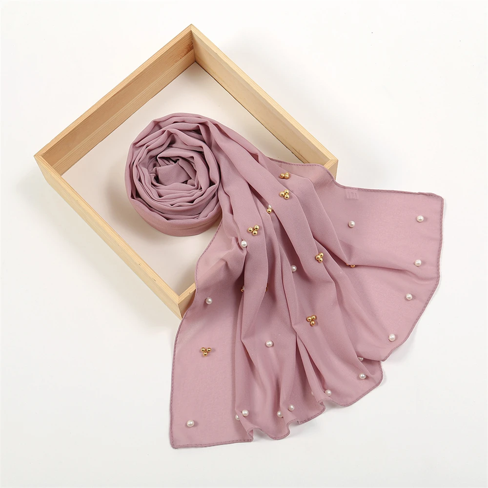 New Plain Chiffon Muslim Hijab Shawls With Pearls Scarves For Women Solid Color Headscarf Wraps Islam Headband Turbans Foulard