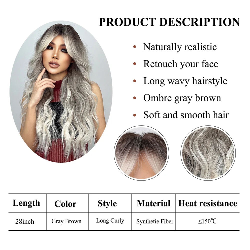 Long Wavy Gray Ash Brown Blonde Ombre Synthetic Wigs with Bangs Cosplay Natural Curly Hair Wig for Women Afro Heat Resistant