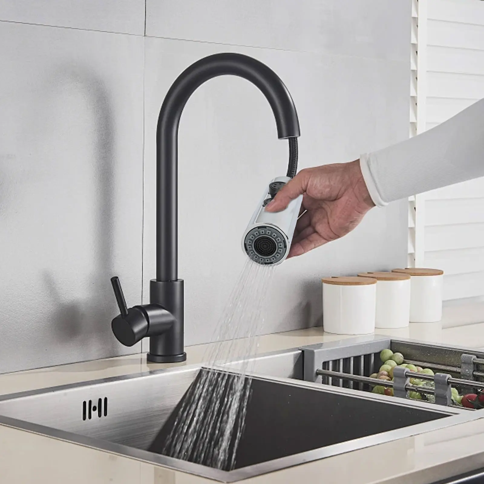 Pull Out Spray Head for Kitchen Sink ABS Construction Shower and Bubble Modes Electroplating Black Brushed Pull