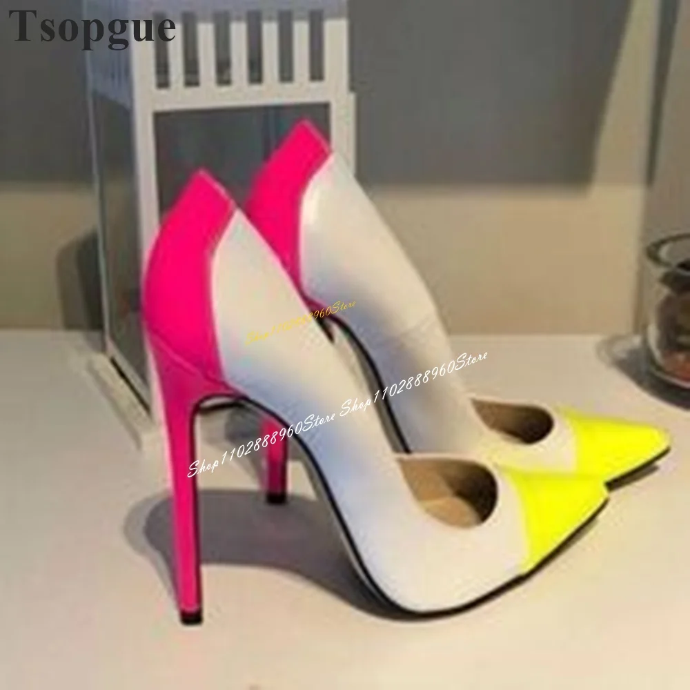 Mixed Color Splicing Shallow Stylish Pumps Thin High Heel Women Shoes Slip On Pointed Toe 2024 Fashionable Zapatos Para Mujere