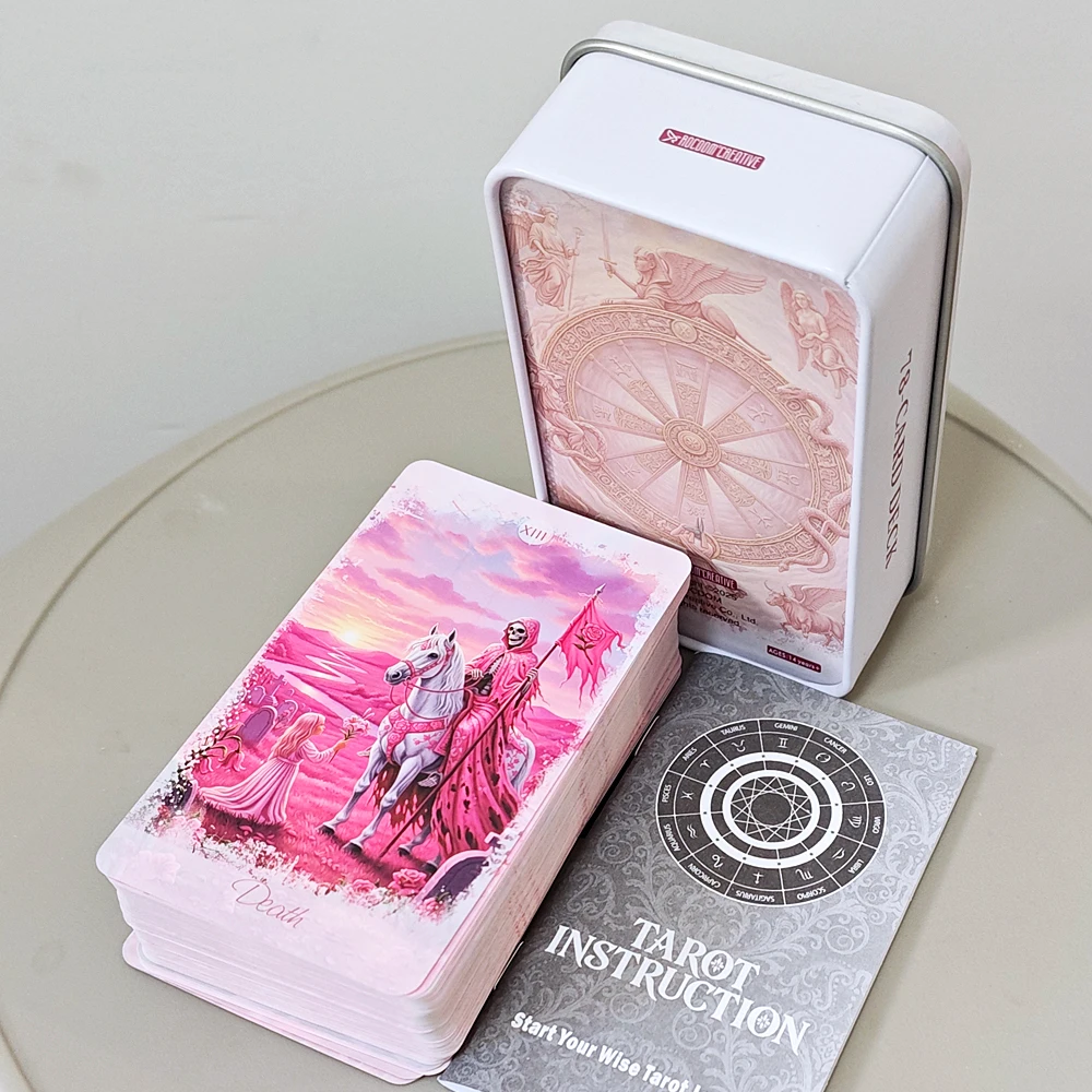 Pink Romantic Fantasy Tarot Deck in Tin Box 11*6.2cm, 78-Card Full Deck with Instruction Book, Spiritual Divination Oracle