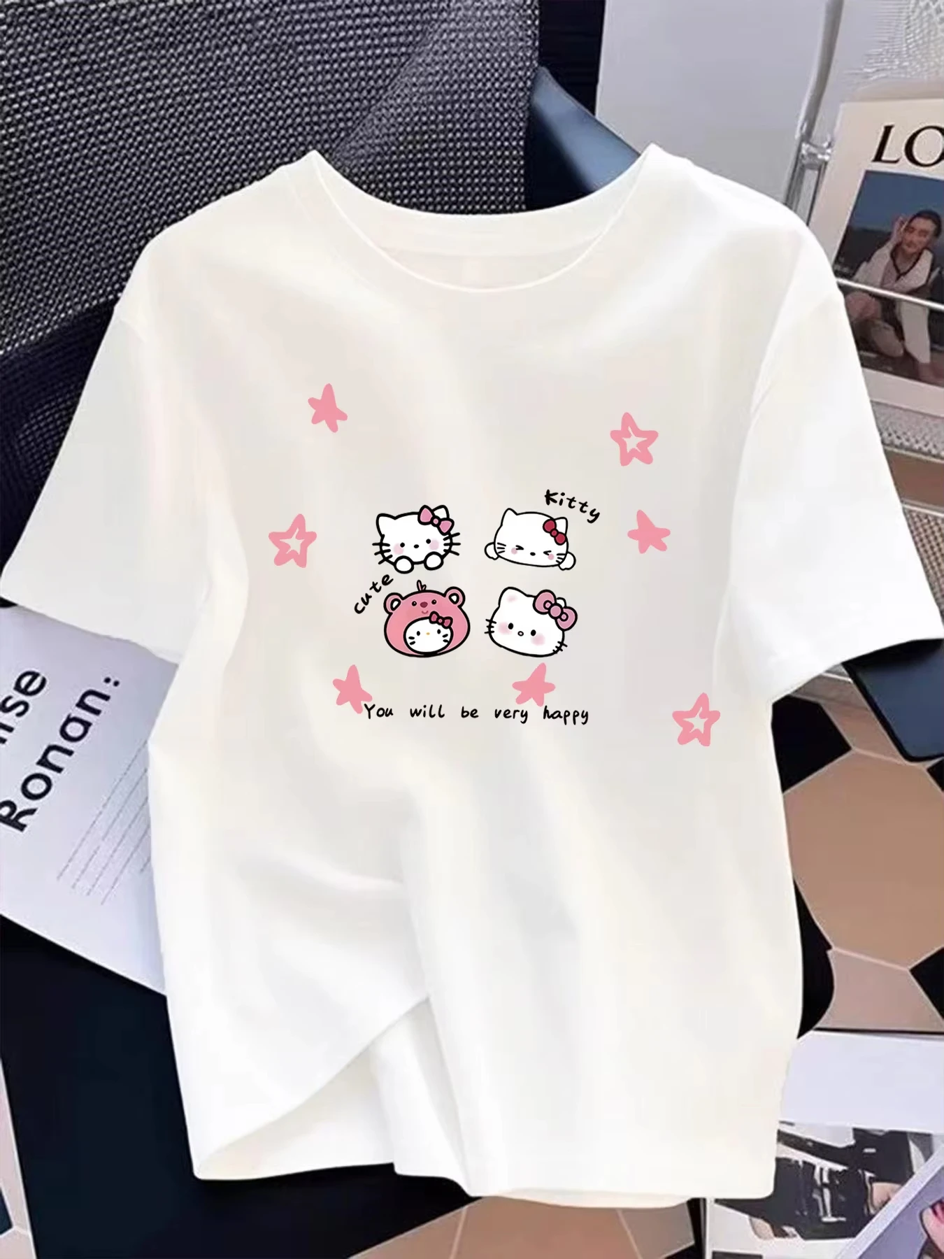 T-shirts tendance et confortables pour hommes et femmes de la marque Shanli Doll, style américain, été, « Hello Kitty »