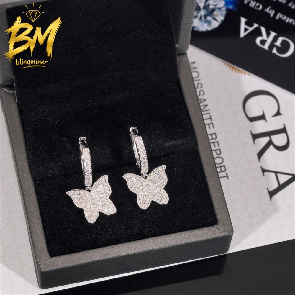 Blingminer Butterfly Drop VVS Moissanite Earrings For Men Women S925 Silver Ear Studs Pass Diamonds Tester GRA Free Shipping