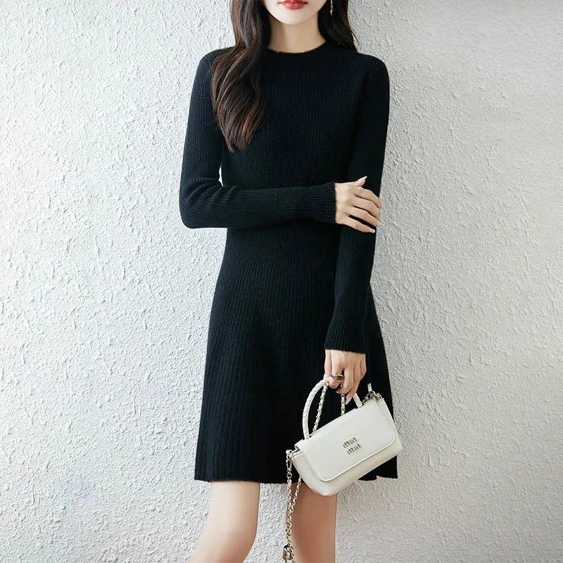 Hot A Skirt Selling New Women's 100% Merino Wool Knitted Dress Autumn Winter Thick O-Neck Pullover Long Sweater Casual Dress