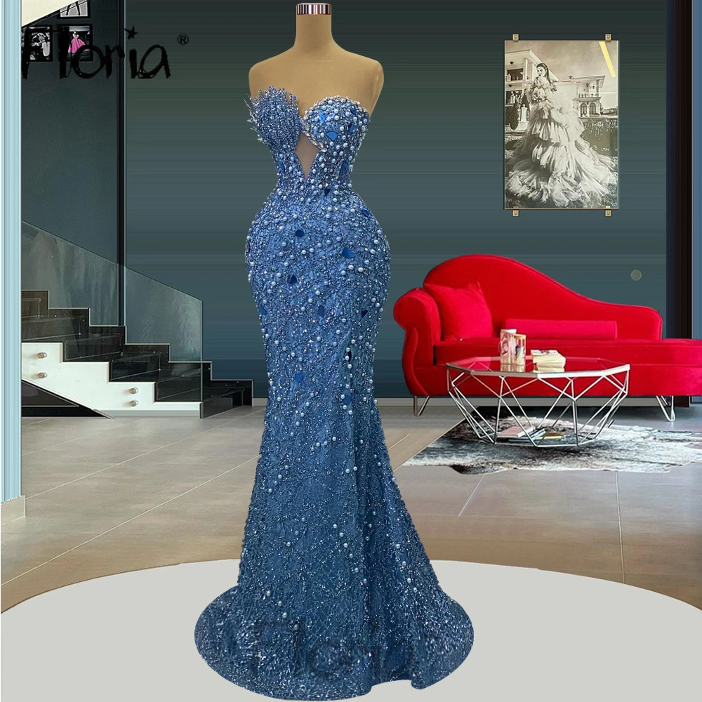 Couture Beautiful Blue Party Dress Women Wedding Wear Custom Made Sexy Strapless Corset Formal Evening Dresses Robes De Soirée