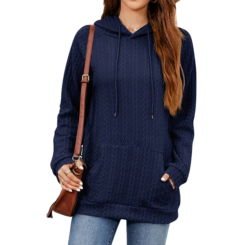 

Autumn and Winter New Solid Color Hooded Drawstring Pocket Pullover Loose Sweatshirt for Women