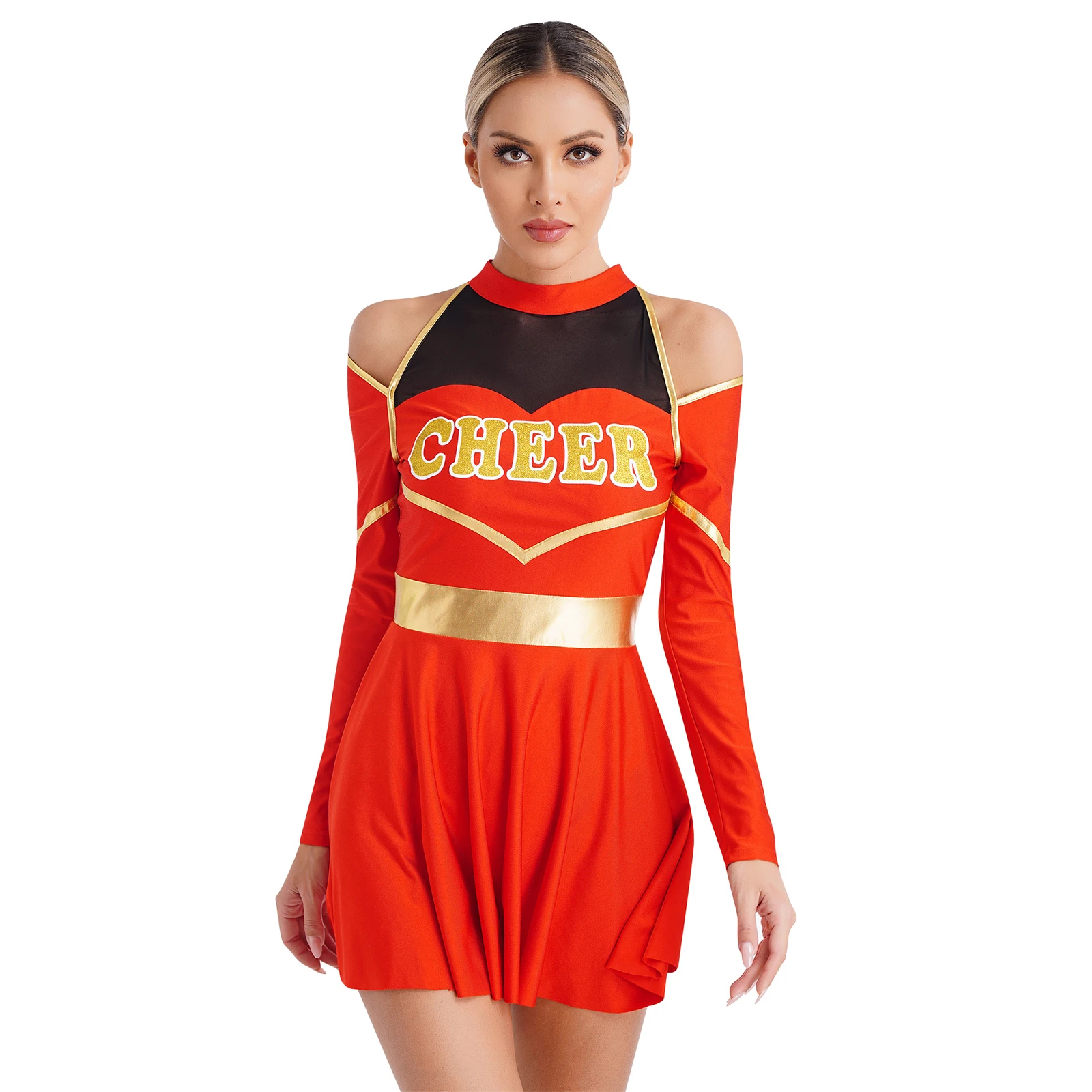 Womens Youthful Schoolgirl Cheerleading Costumes Cold Shoulders Long Sleeve Cutout Letter Print Dress Dance Performance Costumes