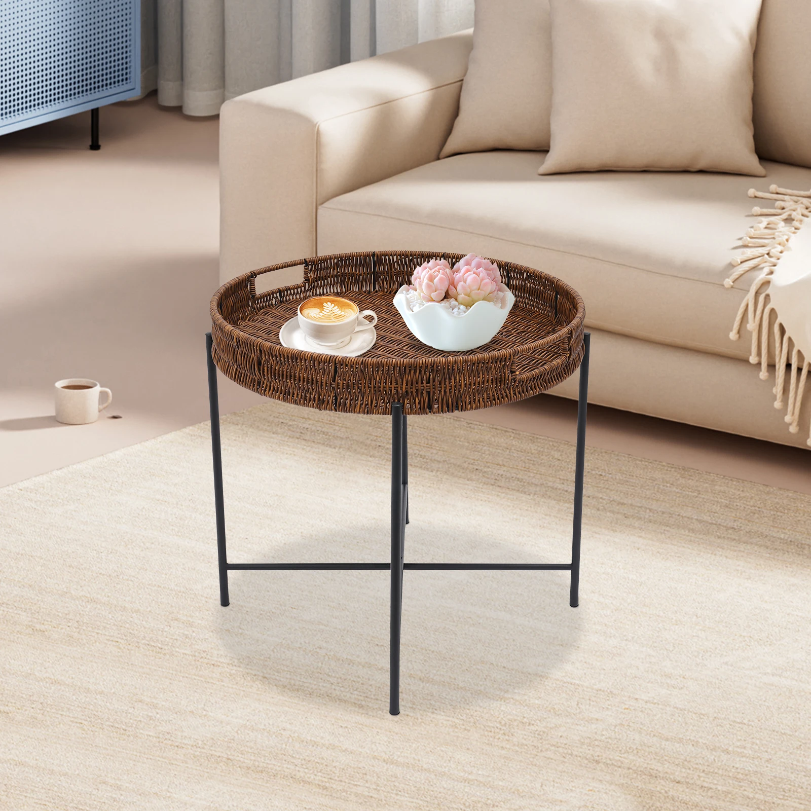 Foldable Braided Round Side Table, Coffee Table with Removable Tray, Imitation Rattan End Table