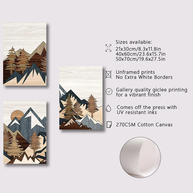 3pcs frameless Canvas Painting 3 PCS Canvas Print Posters Wall Art Wood Panel Effect Mountain Range Top Prints Painting Modern A