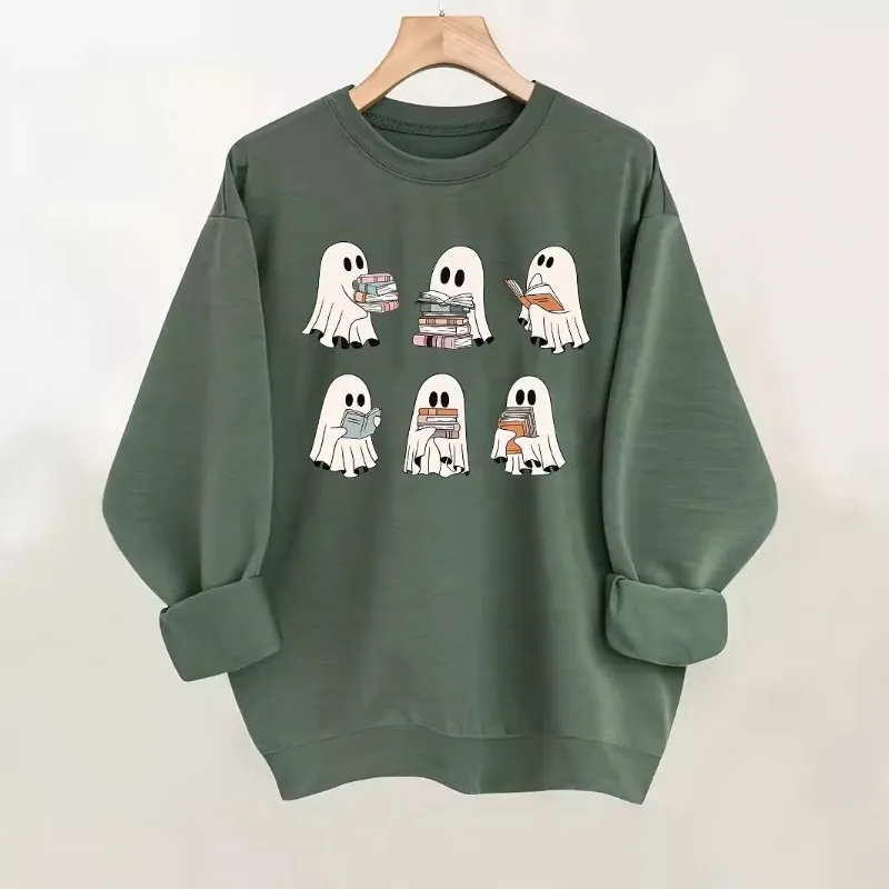 

Round Neck Long Sleeve Pullover Print Fall clothes Y2K Casual Women Sweater Reading Halloween Tops Books Sweatshirt