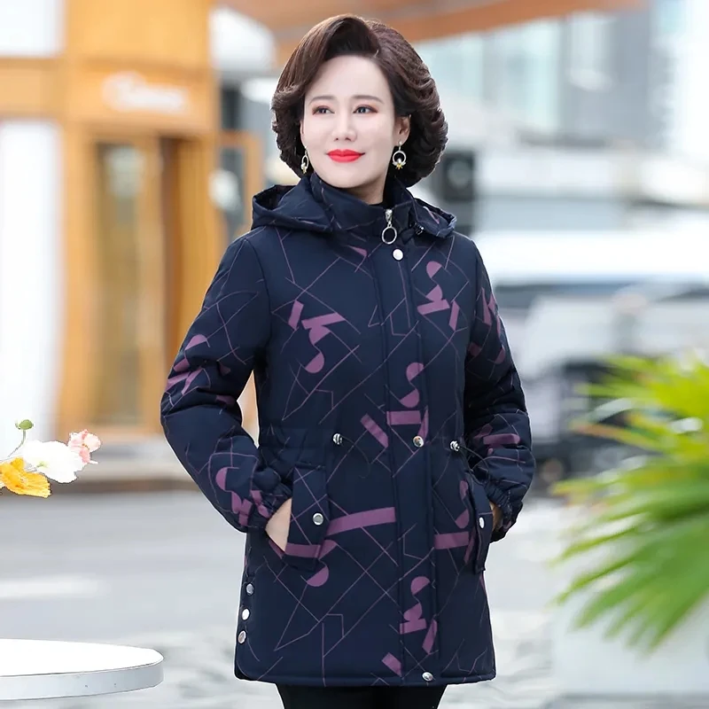 Women's Cotton Coat Parkers Middle Aged Elderly Mother's Autumn Winter Jacket 2024 New Add Velve Hooded Keep Warm Printing Outer