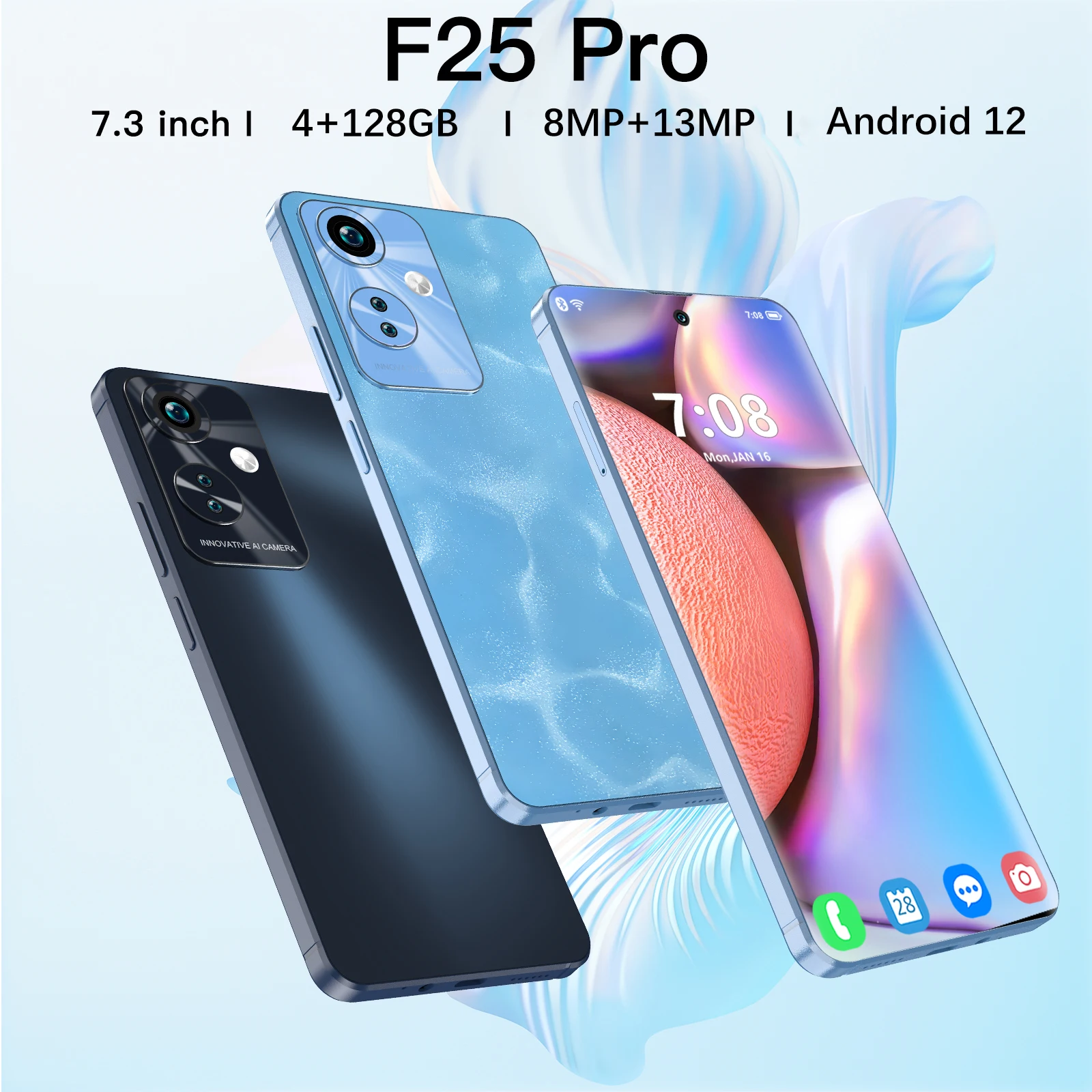 VERYHDSN F25 PRO Telephone 7.3 Inch Smartphone Android12 8800mAh 15MP Quad Core Cell Mobile 4GB RAM 128GB ROM Dual SIM Standby