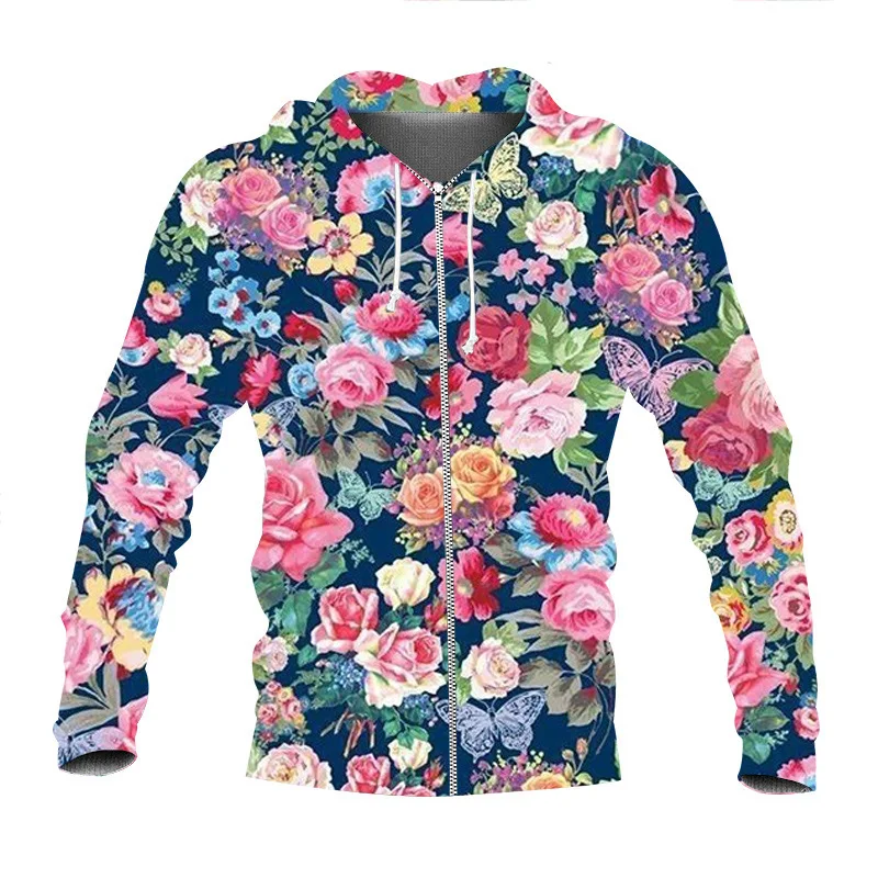 Flower Print ZipHoodies for Men Fashion 3D Pattern New in Sweatshirts Hip Hop Harajuku Oversized Pullover Tops S-7XL Women