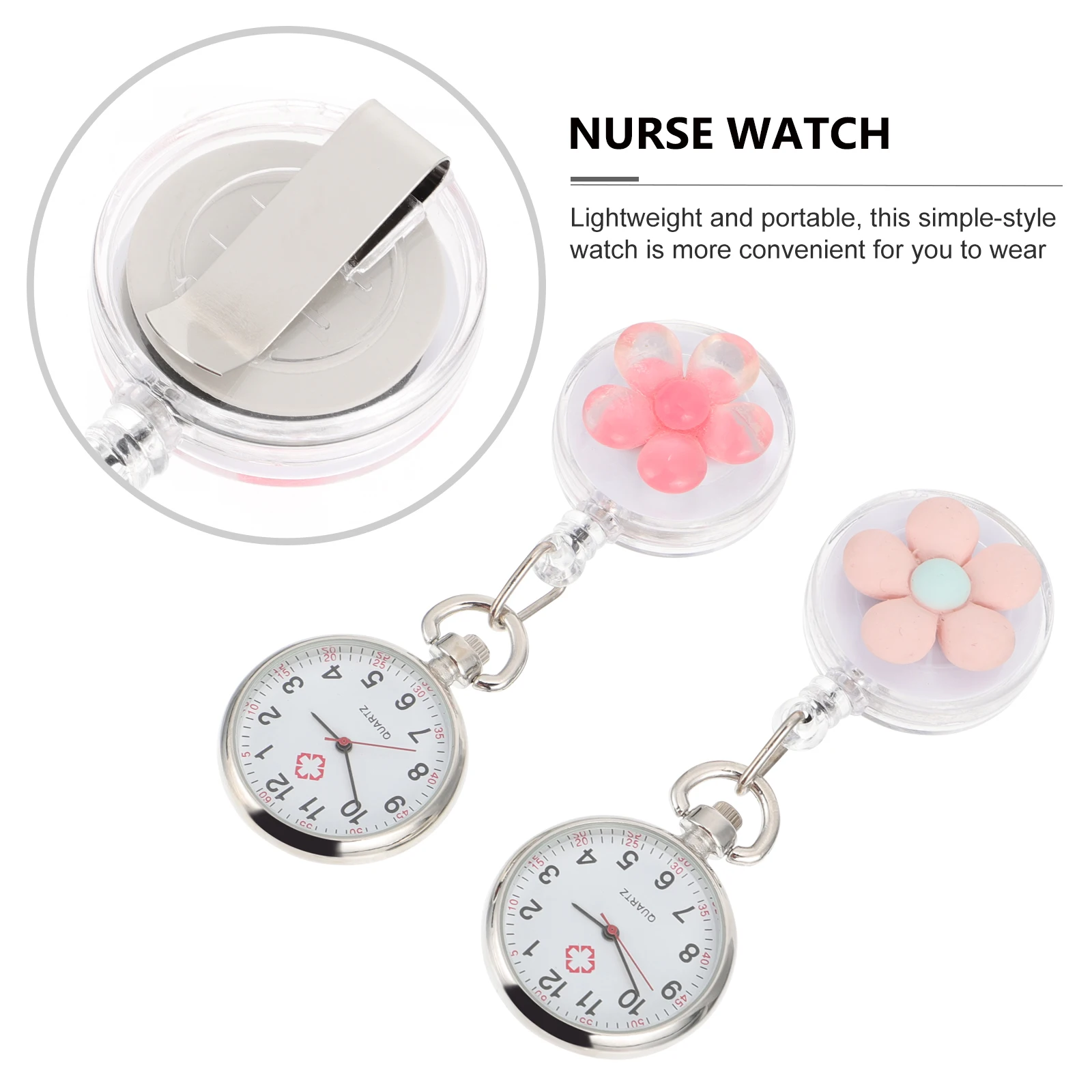 

2Pcs Pocket Ladies Retractable Hanging Watch Clip Clip On Watch on Flower Pattern Quartz Movement Gifts