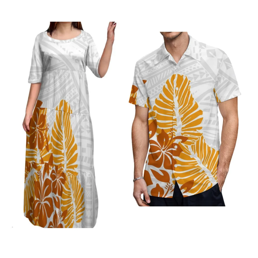 

Летнее женское пышное и элегантное платье с принтом в полинезийском этническом стиле, такая же, как мужская рубашка с карманным дизайном