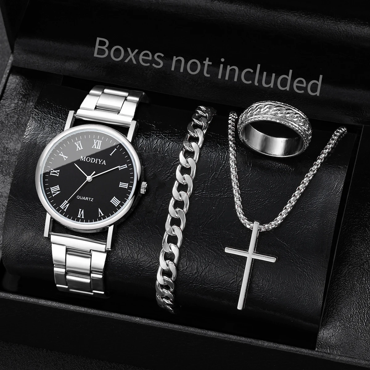 4 ピース/セットファッションメンズビジネス腕時計カジュアルローマダイヤル男性クォーツ時計ジュエリーセットリロイ Hombre (箱なし)