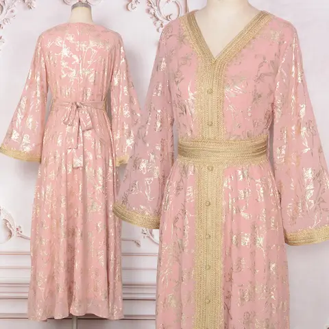 Marockansk kaftanklänning för kvinnor, folietryckt arabisk mantel med bälte Jalabiya, kvällsfest Ramadan Eid bröllop Dubai islam muslimsk abaya 10 best sales Marockansk brudklänning - №6