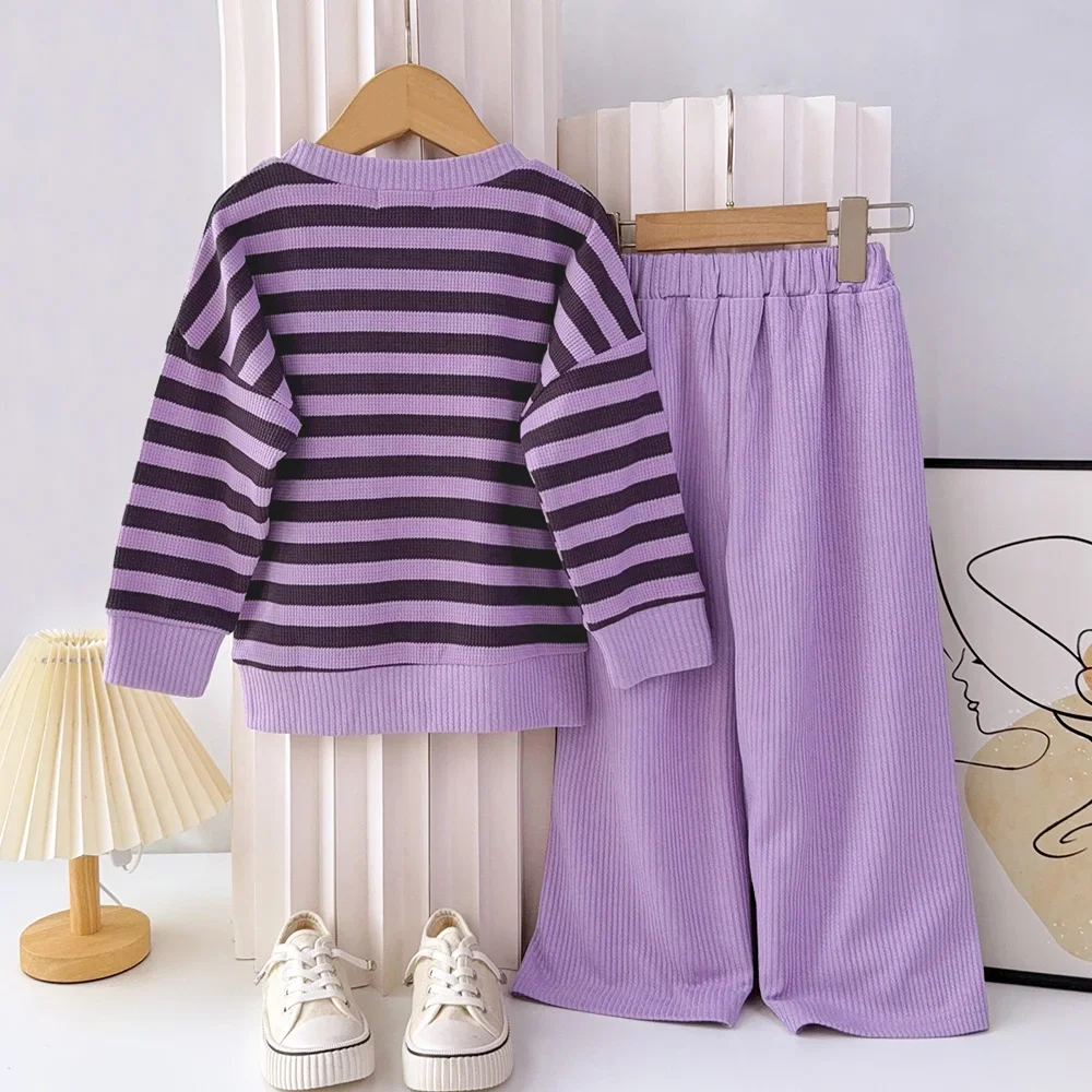 3-7 Years Girl's Stripes Clothes Sets Autumn Long Sleeves Top+Soild Color Pants 2Pcs Outfits for Kids Baby Clothing Casual Wear