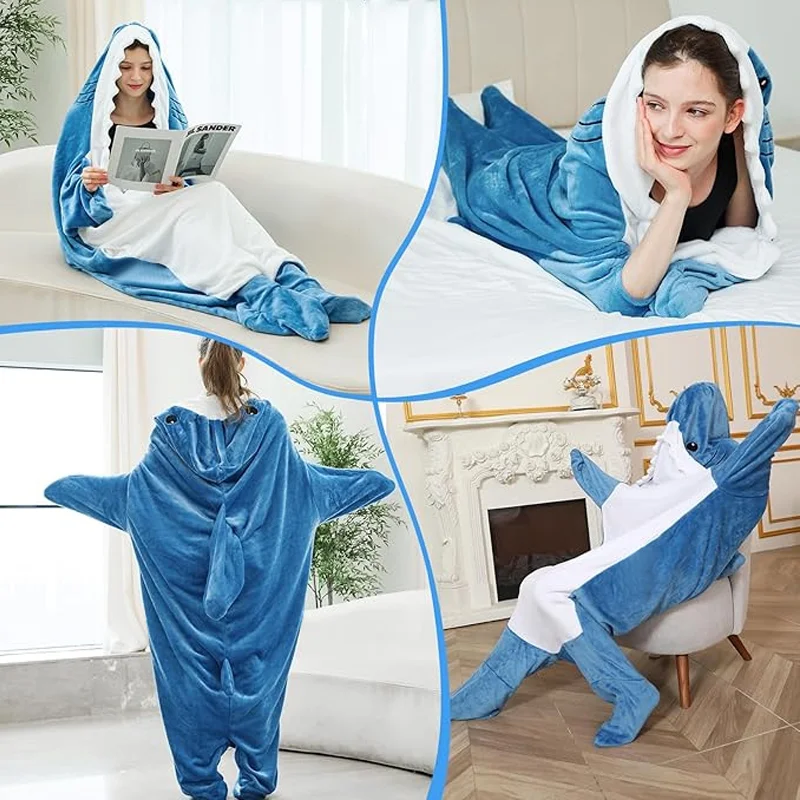 Cartoon Shark Blanket Hoodie Man Women Kigurumi Playsuit Parents Hooded Warm Flannel Funny Homewear Shark Onesie Sleeping Bag image 5