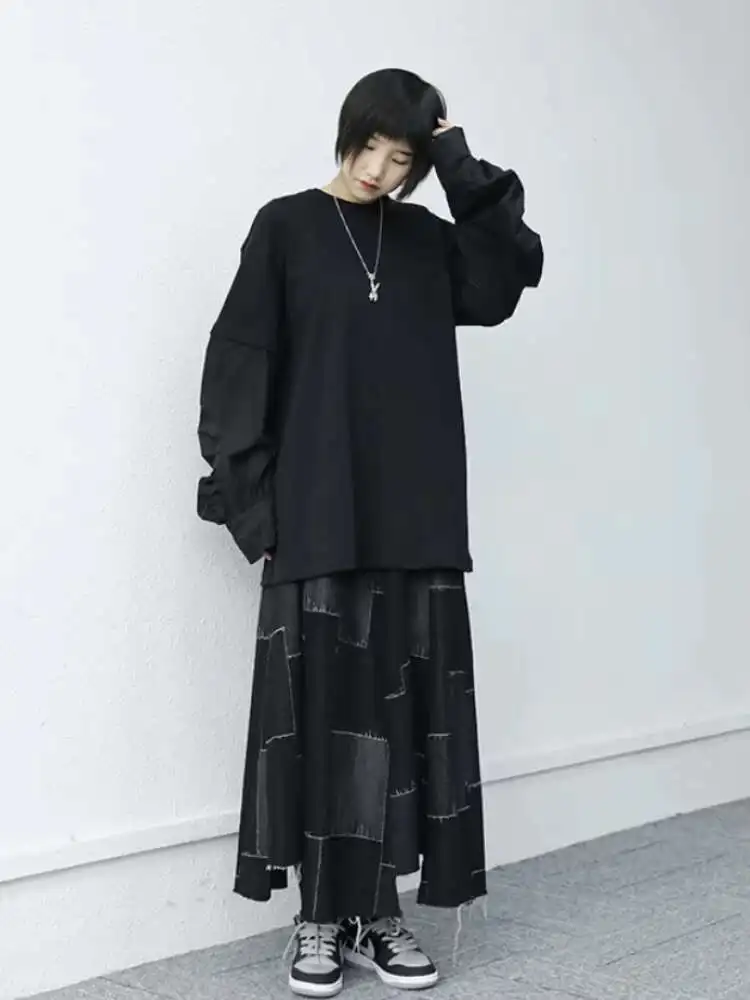Ladies Long Sleeve T-Shirt Spring And Autumn New Bubble Sleeve Splicing Fashion Design Loose Leisure Large Size Jacket
